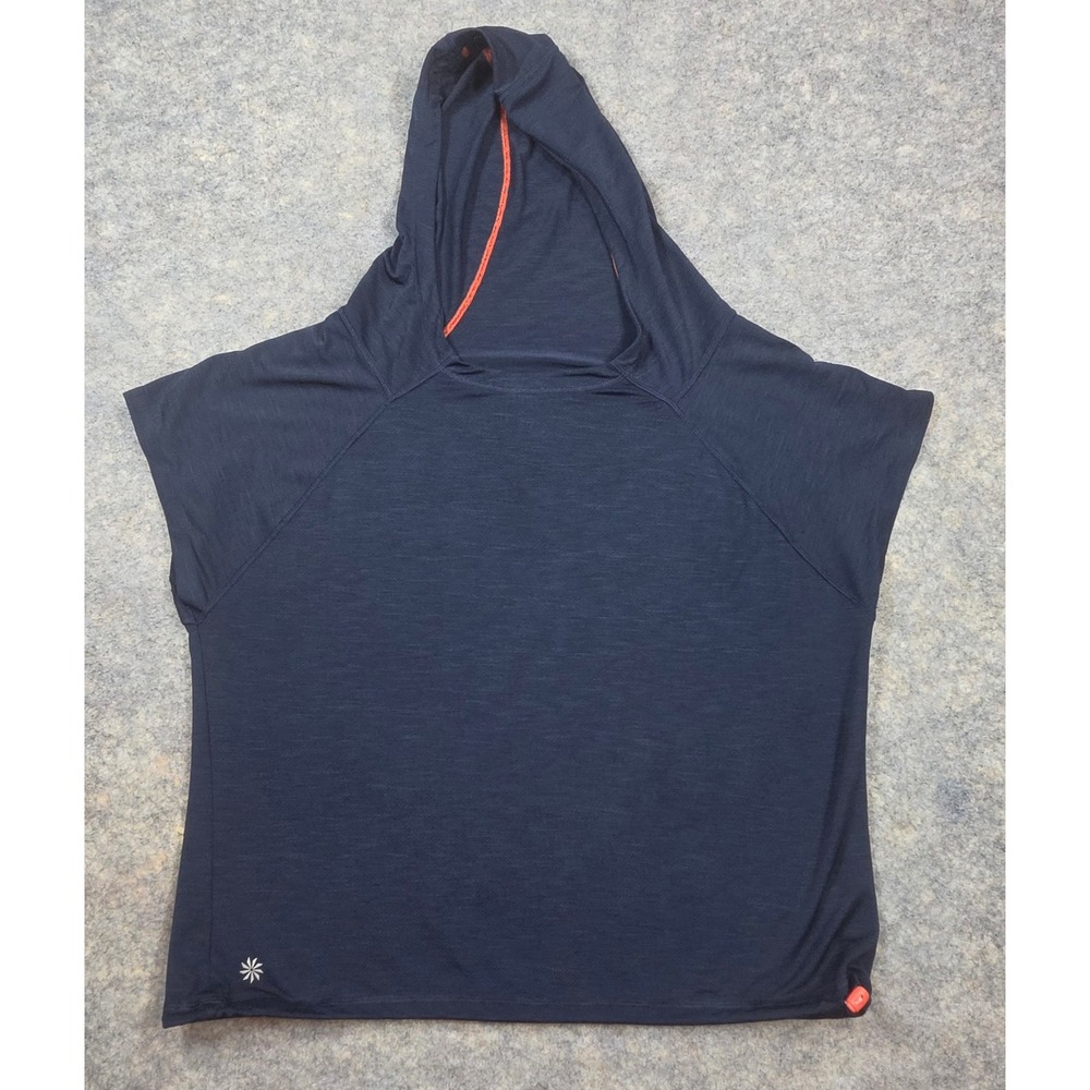 Athleta Womens XS Navy Blue Space Dye Short Sleeve Hooded Top Activewear Bungee